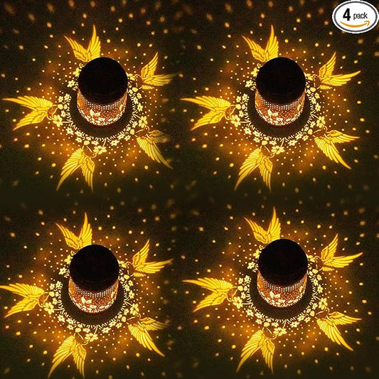 4 Packs Solar Lanterns Outdoor Hanging Lantern Lights, 4 Hummingbirds Hollowed-Out Metal Decor Lantern, Waterproof LED Decorative Garden Light Gifts