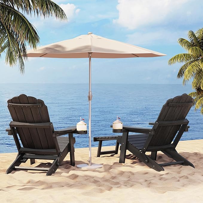 Folding Adirondack Chair with Retractable Ottoman Fire Pit Patio Chair with Adjustable Backrest, 2 Cup Holder Weather Resistant Outdoor, Patio, Lawn, Garden, Backyard Deck, Fire Pit, Black