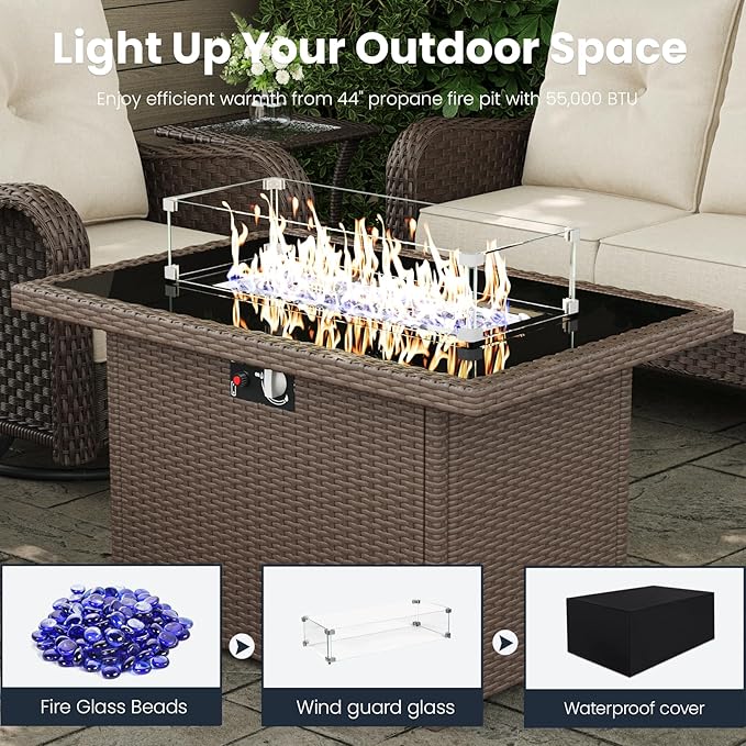 10 Pieces Outdoor Patio Furniture Sets with Rocking Swivel Chairs with 6-inch Thick Cushion and Fire Pit Table for Deck Lawn