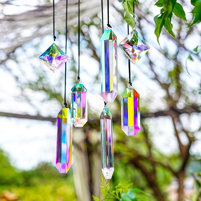 HDCRYSTALGIFTS Set 7 Crystal Sun Catcher Prisms, AB Colored Suncatcher Crystals Window Indoor Hanging Christmas Ornaments Rainbow Maker Prisms for Home Garden Decor