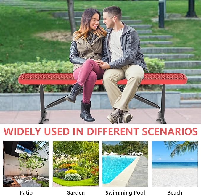 48" L Outdoor Steel Flat Bench, Heavy Duty Metal Park Bench for Outside, Expanded Metal, Commercial Benches Mesh Bench for Shopping Mall, Store, Lawn, Park, Patio, Deck, Garden (Red, 6FT)