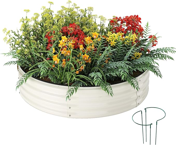 Galvanized Metal Planter Round Raised Garden Bed Kit for Gardening Outdoor，2x2x1ft Grow Garden Box Raised Flower Bed，Round Galvanized Planter Outdoor Metal Fire Pit Ring White