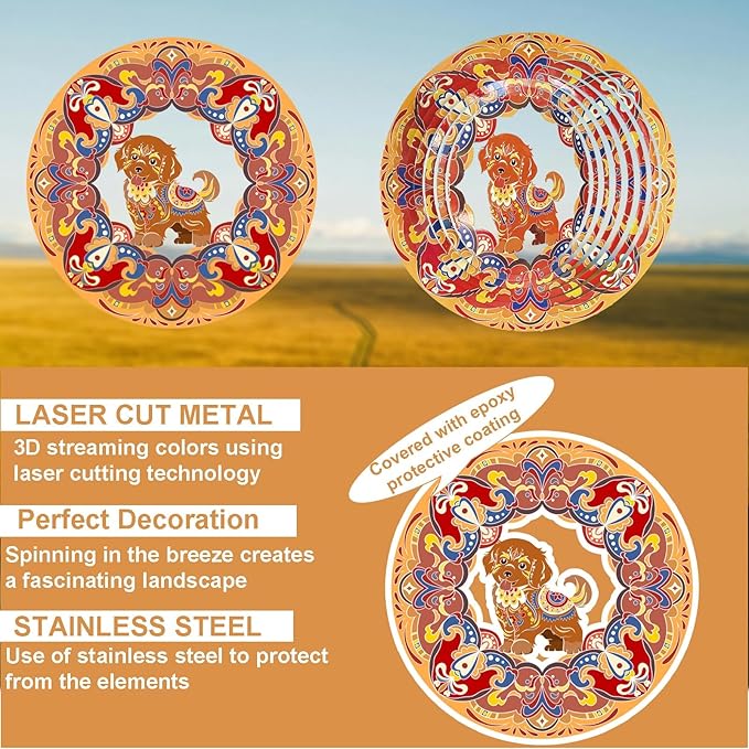 Dog Wind Spinner Colorful 12 inch 3D Stainless Steel Laser Cut Metal Double Sided Printing-Hanging Indoor/Outdoor Decorations Yard Gardening Decor,Metal Kinetic Art Ornament Gifts