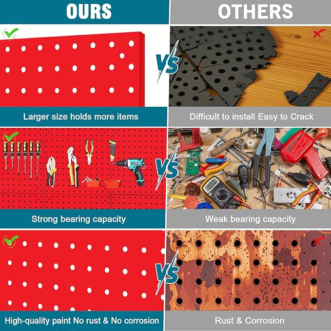 6 Pack Steel Peg Board,Universal 1/8 and 1/4 Pegboard Accessories,Ideal for Garage Tool Storage, Office Organization, Craft Room, Kitchen etc. (Red, 6-12X12)