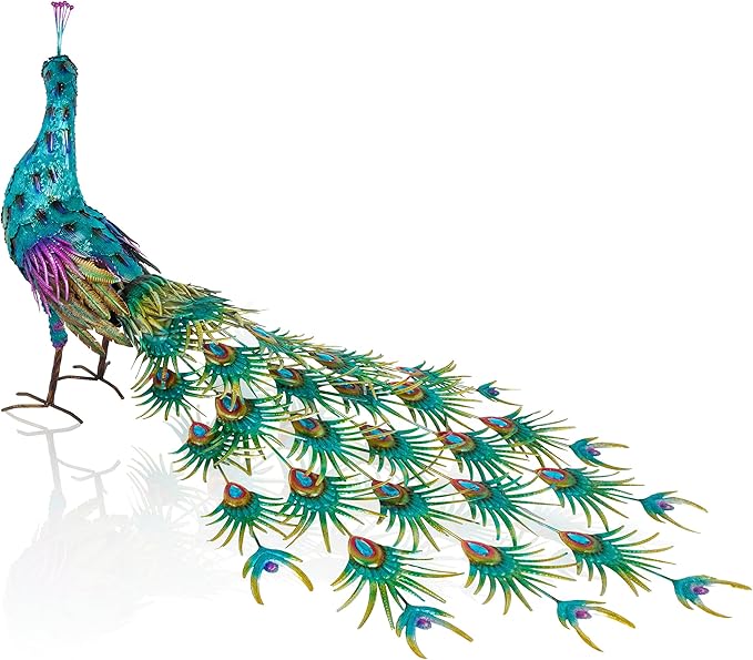 Alpine Corporation HEH378 Metal Jumbo Sized Majestic Peacock Decor, Elegant Garden & Patio Bird Statue, 33" H, Blue