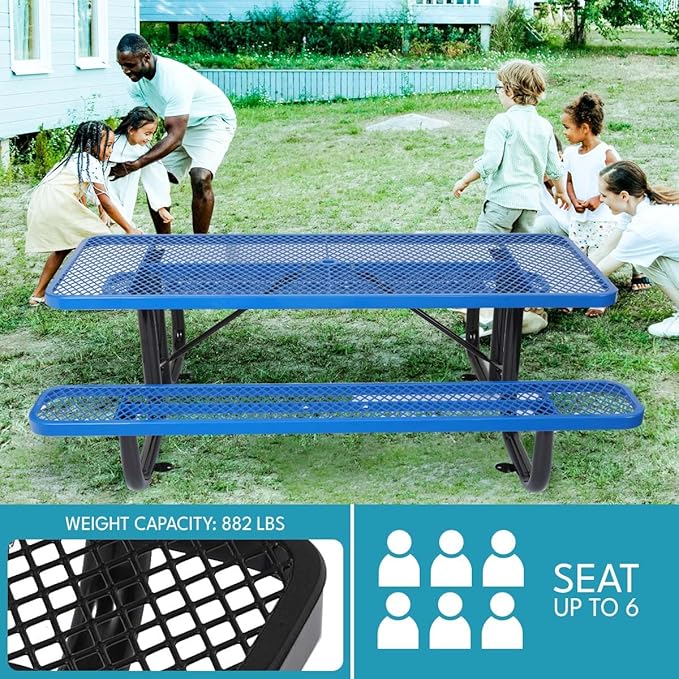6 ft. Rectangular Outdoor Steel Picnic Table with Umbrella Pole, Heavy-Duty Weather-Resistant Dining Table for Patio, Backyard, and Garden, Rust-Resistant Finish, Blue