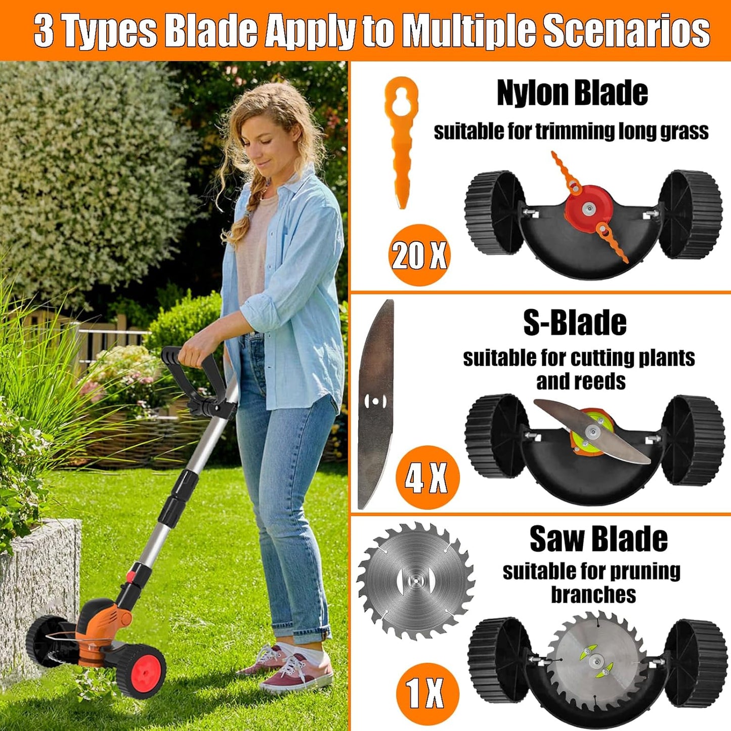 Electric Weed Wacker Cordless Eater Battery Powered Eater Lightweight Edger Portable Stringless Grass Trimmer/Lawn Mower/Brush Cutter, with 3 Types Blades & Wheels for Yard and Garden-Orange