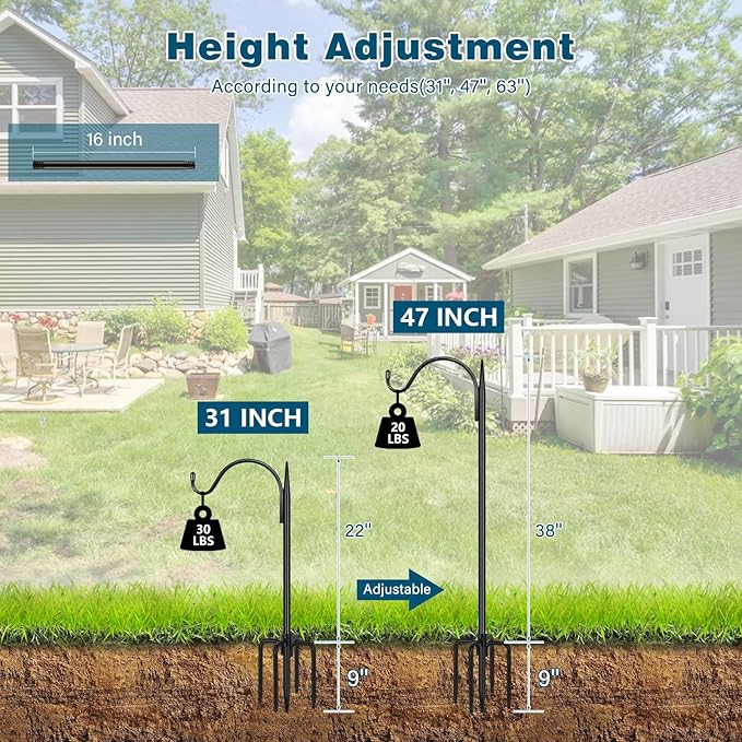 Gtongoko Adjustable 47 inch Shepherds Hooks for Outdoor Bird Feeder with 5 Prongs, Bird Feeder Pole Garden Hooks for Hanging Lanterns, Plants Baskets, Hummingbird Feeders, 1 Pack