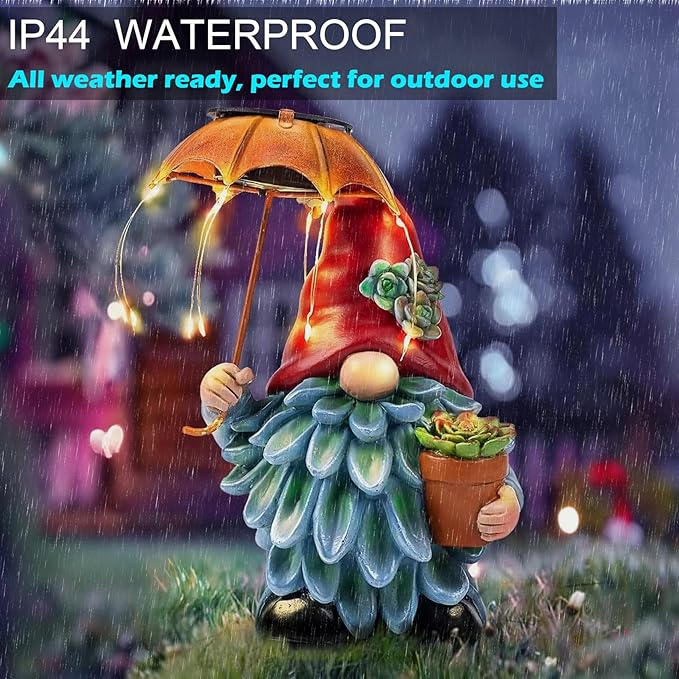 Elenon Garden Gnome Decor Solar Lights, Solar Elf Holding Umbrella Figurines Outdoor Decorative, Yard Art Garden Sculptures & Statues for Patio Yard Pathway