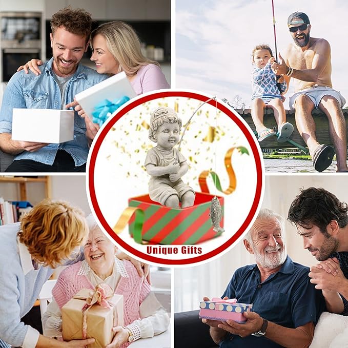 Goodeco Fisherboy Statue Garden Decor - 11" Little Fishing Guy for Koi Pond or Waterfalls, Poolside Statue with Glow in Dark Pebbles Included, Great Gifts for Mom, Women or Birthdays, Gift Ideas