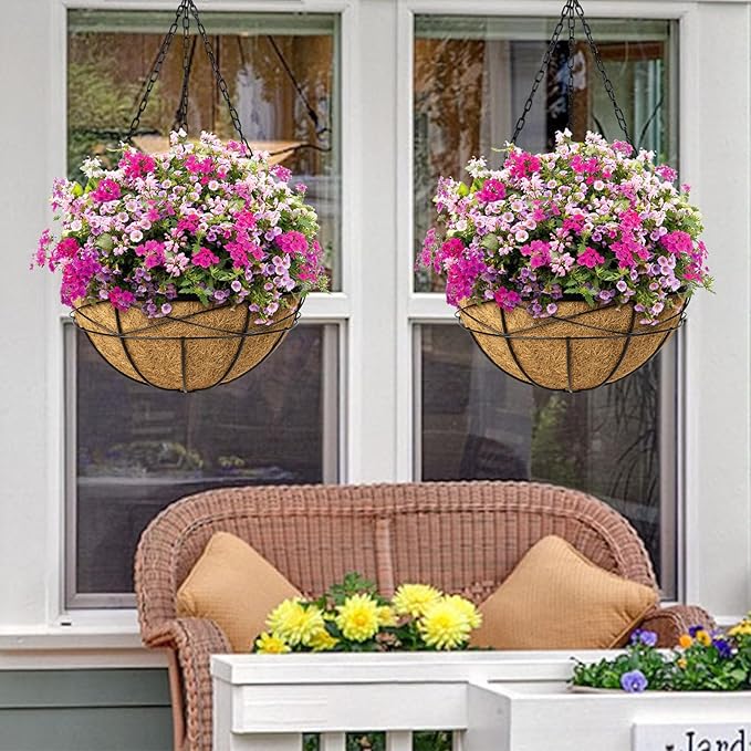 Hanging Planters for Outdoor Plants: 4 Pack 16" Hanging Baskets Flower Pots with Coco Liners & Plastic Saucer Extra Large Deep Hanging Plant Holder for Porch Balcony Garden Décor