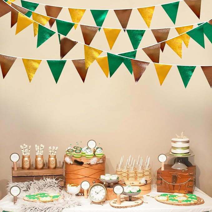 Green Gold Brown Metallic Fabric Triangle Pennant Banner Flag Bunting Garland for Football Jungle Safari Wild Woodland Birthday Baby Shower Wedding Bachelorette Graduations Party Decorations Supplies