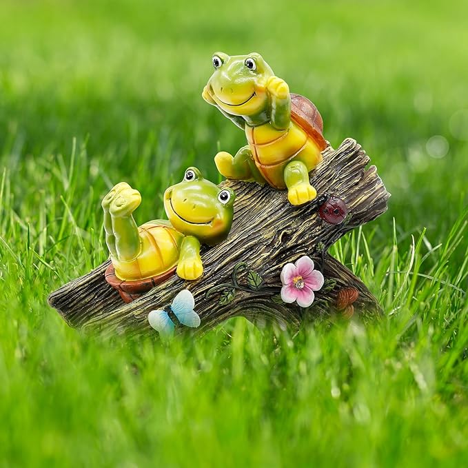 Garden Turtle Figurines Outdoor Decorations, Solar Statue Sweet Frog Face Turtles Decor with 4 LED Lights, Unique Garden Art Resin Statue Gifts for Patio Lawn Porch Yard