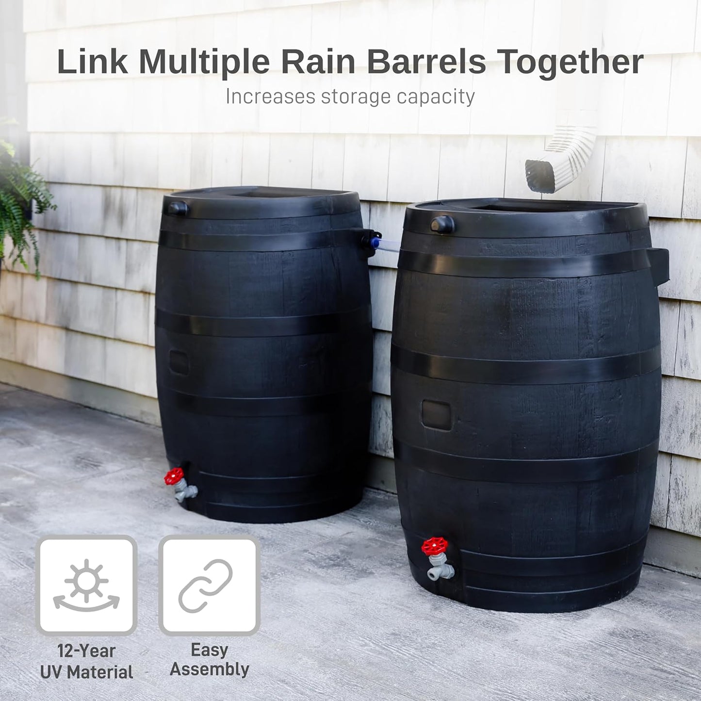 50-Gallon ECO Rain Barrel Made with 100% Recycled Plastic, Flat Back Rain Water Collection Barrel, Stand Included, Black