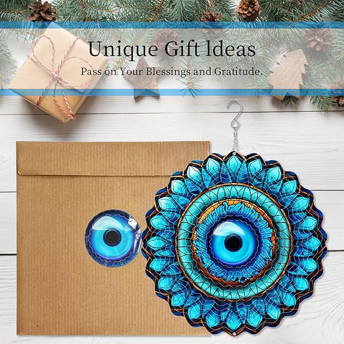3D Wind Spinner Mandala 10 Inch Evil Eye Stainless Steel Wind Sculpture Blue Hanging Ornament Laser Cut Metal Art for Indoor Outdoor Garden Decoration Protective Amulet for Home and Yard