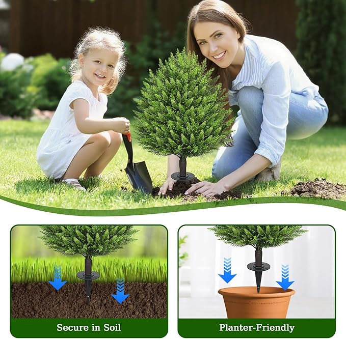 31" Artificial Cedar Topiary Ball Trees with Ground Spike,2 Pack Fake Pine Shrubs Bushes, UV Resistant Faux Evergreen Cypress Tree Plants for Indoor Outdoor Planters Front Porch Garden Decor