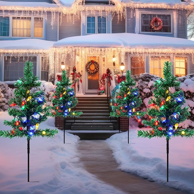 4 Pcs Solar Christmas Tree Outdoor Christmas Decorations 30 Inch Prelit Waterproof Xmas Tree Yard Stake Lights with 80 LED for Yard Pathway Cemetery Patio Christmas Garden Outside Decor