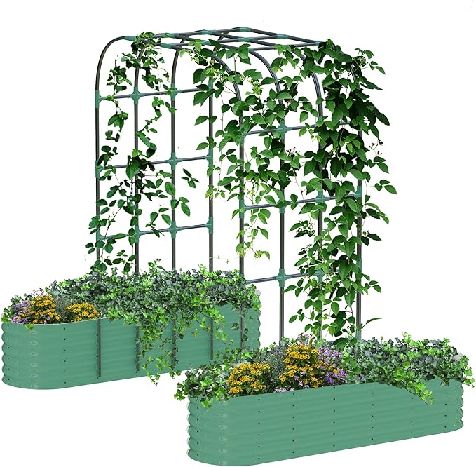 Galvanized Raised Garden Bed with 96" Tall Vertical Arch Trellis – Expandable Rust-Resistant Planter Box for Outdoor Plants, Flowers, Herbs & Vines – Includes Plant Clips, Drainage Netting,Green