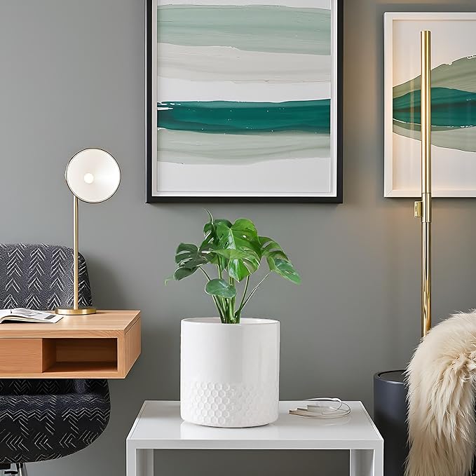 Docrin Ceramic Planters Indoor, 8 Inch Plant Pots with Drainage Holes for Home/Office - White Honeycomb