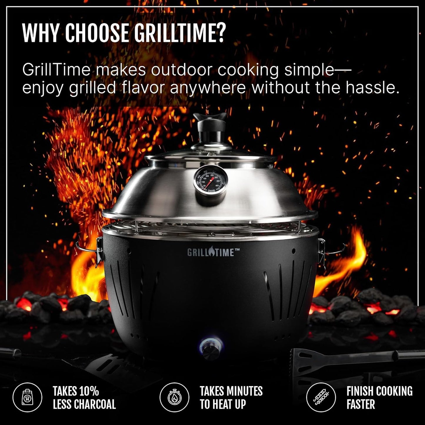 GrillTime Tailgater GT Hood Combo 13 Inch - Portable Charcoal Grill with Hood, Small Tabletop Grill for Tailgate Parties, Camping, Beach BBQ, Grey