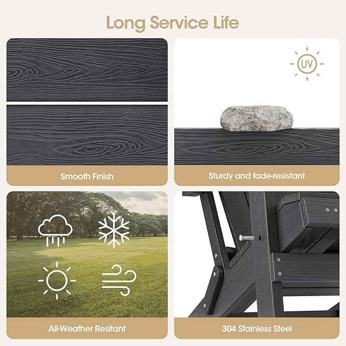 Folding Adirondack Chair with Retractable Ottoman Fire Pit Patio Chair with Adjustable Backrest, 2 Cup Holder Weather Resistant Outdoor, Patio, Lawn, Garden, Backyard Deck, Fire Pit, Black