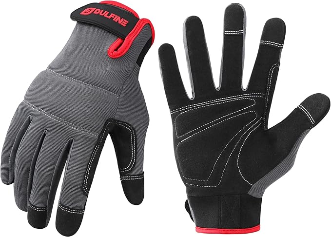DULFINE Flex Grip Mechanic Work Gloves for Men,Black and Red Utility Safety Working Gloves Touch Screen,Excellent Grip,Ideal for Working on Cars and Outdoor Jobs(Large)