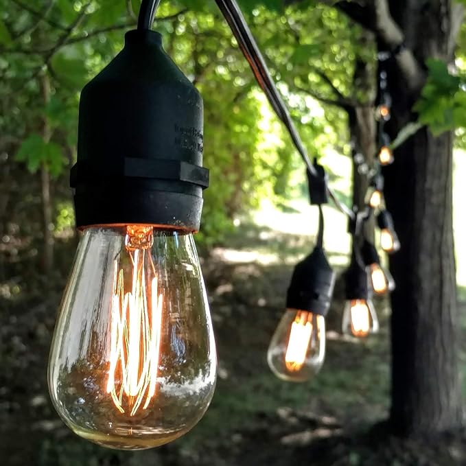 Hometown Evolution, Inc. E26 Outdoor Commercial String Lights with Suspended Socket for Weatherproof Heavy Duty Vintage Outside Lighting (S14 Lantern Edison 11 Watt Bulbs, 24 Foot 12 Socket)