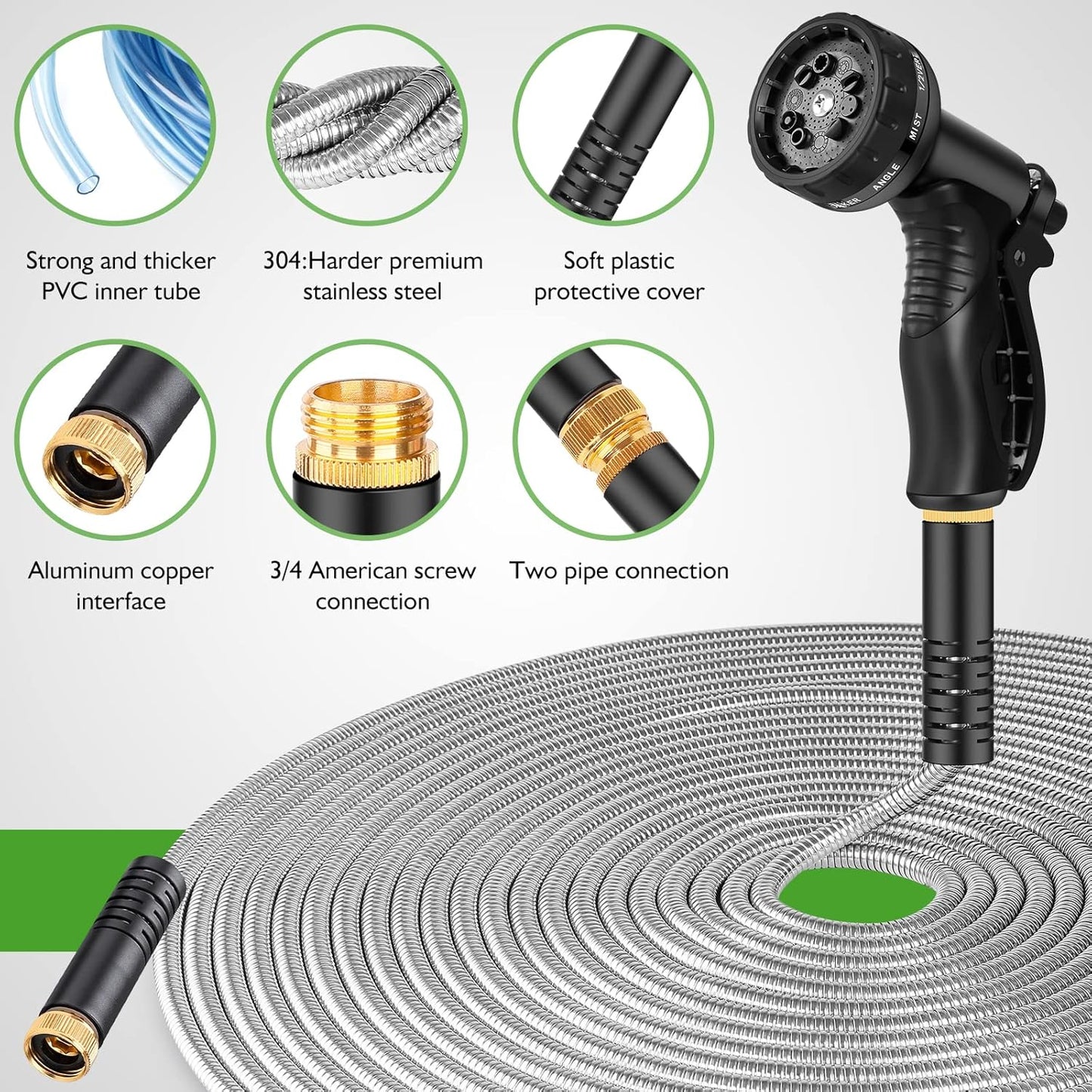 Garden Hose Metal 75FT, Stainless Steel Heavy Duty Water Hose With 10 Function Nozzle, No-Kink, Tough & Flexible, Sturdy and Lightweight, Rust Proof hose for Yard, Outdoor, RV