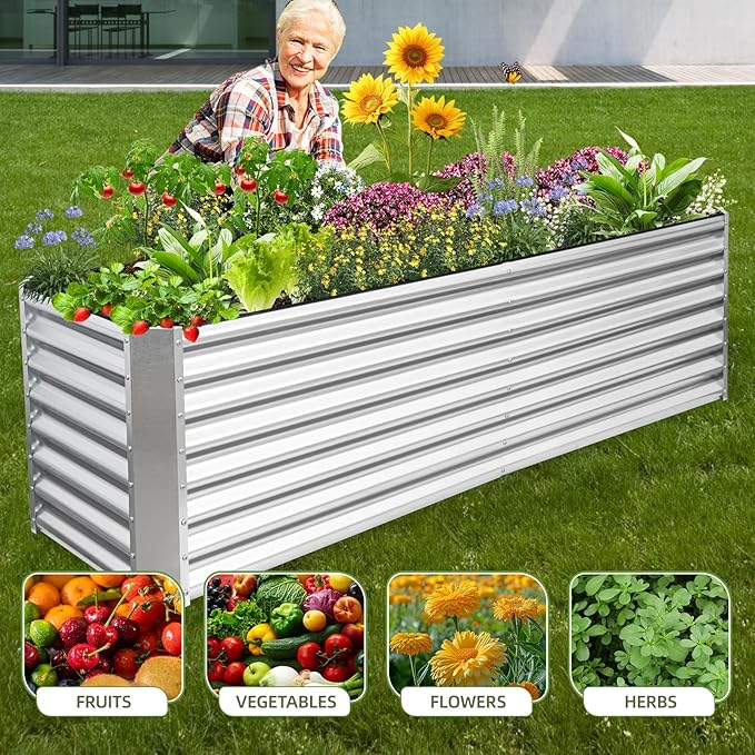 8x2x2ft Raised Garden Bed - Galvanized Deep Root Planter Boxes Outdoor with Wing Nuts and Safety Edges for Gardening Vegetables, Flowers, Herbs, Succulents - Silver