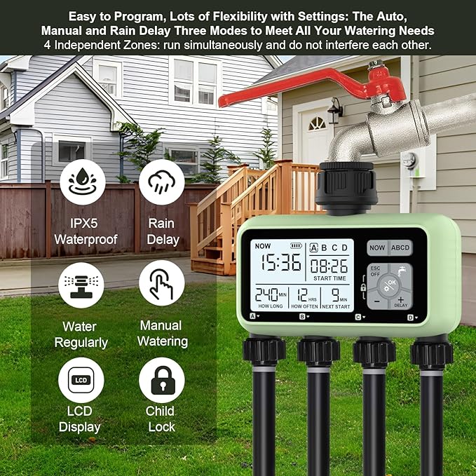 4 Outlet Sprinkler Timer, Programmable Garden Hose Timer with Rain Delay, Manual& Automatic Watering System, Waterproof Gardening Supplies Irrigation Controller for 4 Separate Water Zones