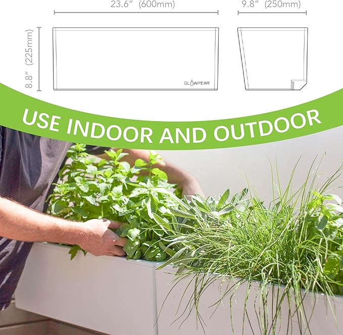 Glowpear Self Watering Planter Box - 23.6", White - UV Stable, Scalable Wall Mounts Plant Pot with Water Gauge, Indoor Outdoor for Vegetables, Flowers, Herbs, and Succulents, Gardening