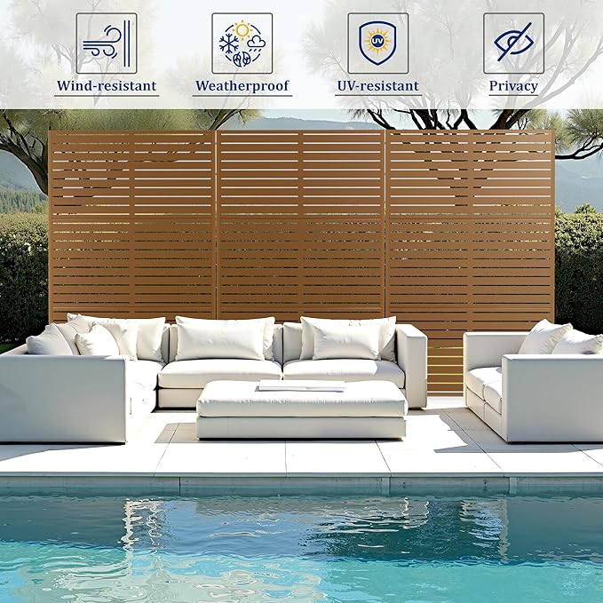 FENCY Outdoor Privacy Screen, 72" H×47" W Metal Privacy Screen, Outdoor Freestanding Privacy Screen & Panels for Deck Patio Balcony(Brown-Louvered)