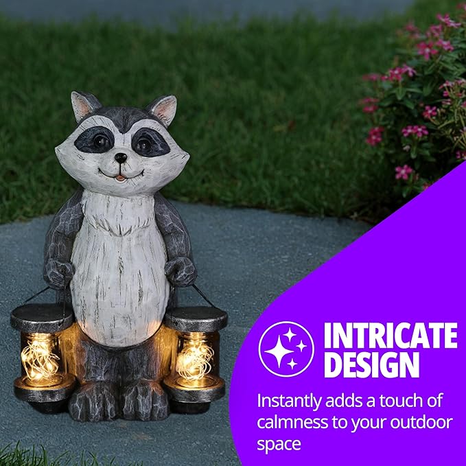Exhart Garden Sculpture, Raccoon Solar Garden Statue with 2 Jars, 16 LED Firefly Lights, Outdoor Garden Decoration, 7.5 x 9 x 10.5 Inch