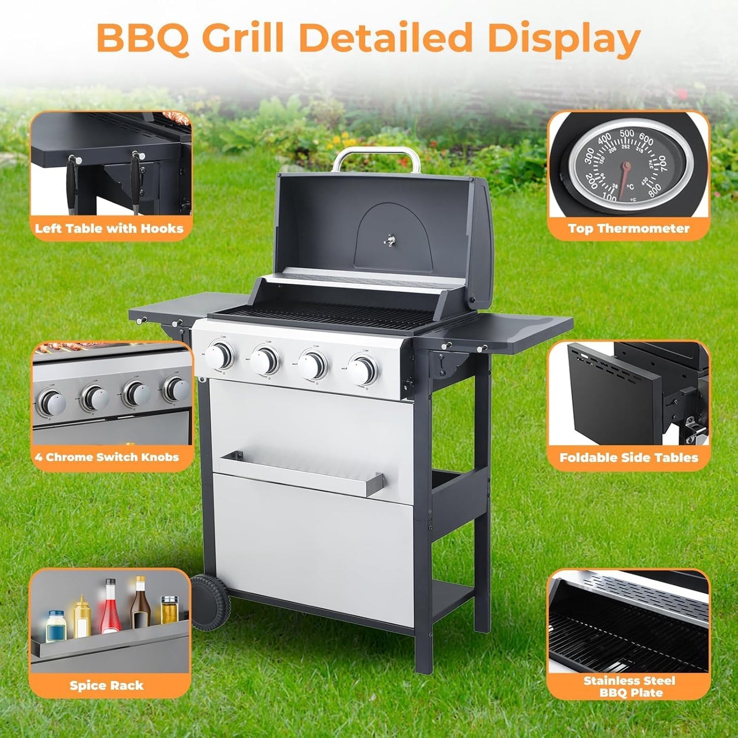 4 Burner Propane Gas Grill with Spice Rack, Foldable Side Tables, Durable Lid, Stainless Steel Burners, Built-in Thermometer, 34,200 BTU Gas Grill for Patio, Garden BBQ