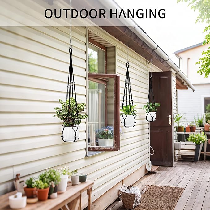 3 Pack Macrame Plant Hanger - 43"/35"/29" Different Sizes, Hanging Planter Basket Flower Pot Holder for Indoor Outdoor, with Wood Beads, Boho Home Decor, Black (POTS NOT Included)