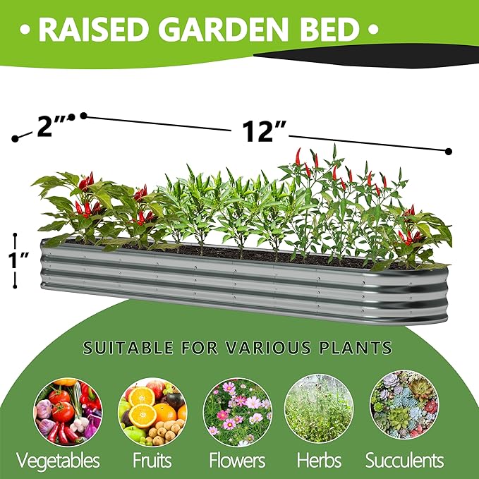12x2x1ftOval Galvanized Raised Garden Bed,Outdoor Planter Box Metal Patio Kit Planting Bed for Vegetables Flowers and Succulents