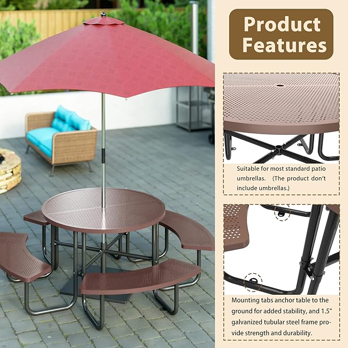 46'' Steel Round Picnic Table for Outdoors, Expanded, Lifetime Picnic Table with Umbrella Hole, Heavy Duty Sturdy Commercial Picnic Tables for Garden Courtyard BBQ, Coffee