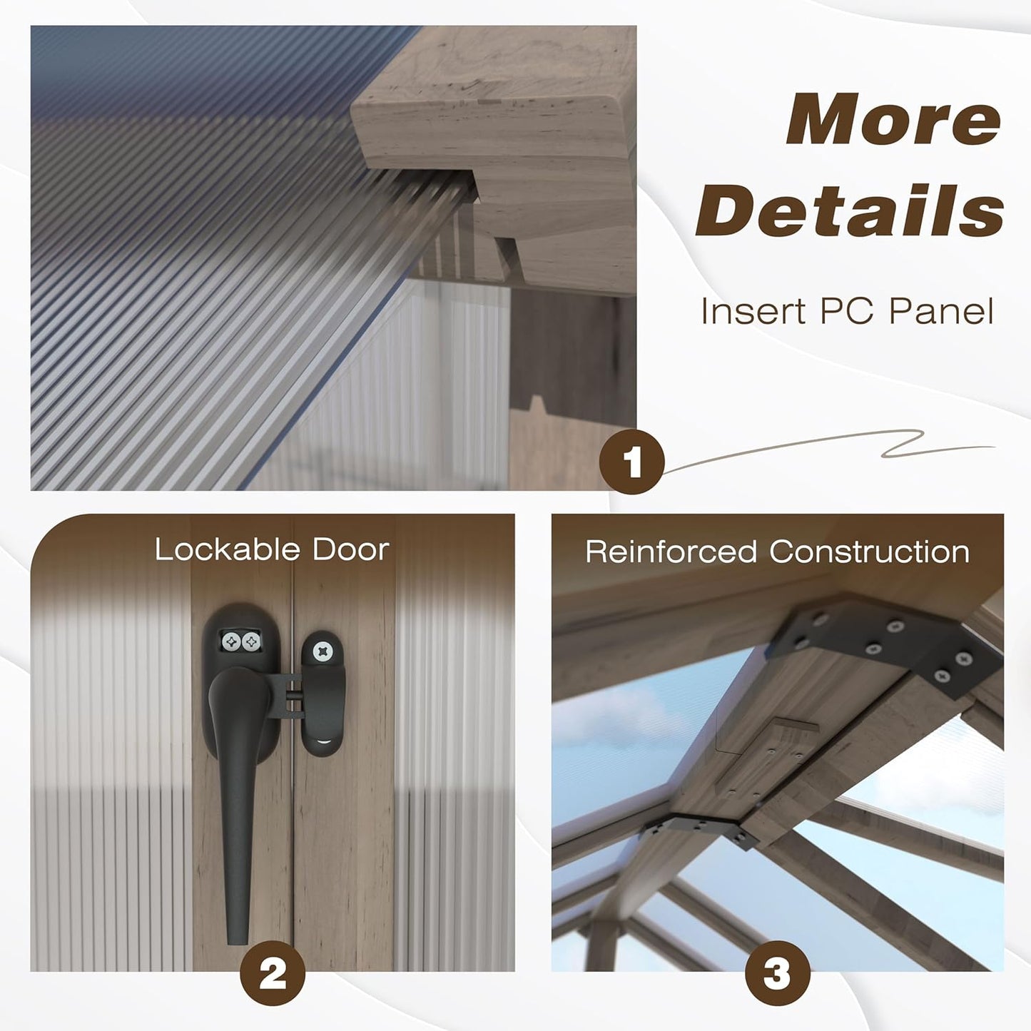 8x8 FT Greenhouse Kit for Outdoor, 6MM Thick Polycarbonate Panel Wooden Walk-in Green House with Lockable Door and Adjustable Roof Vent, Backyard Garden, Light Mocha Brown