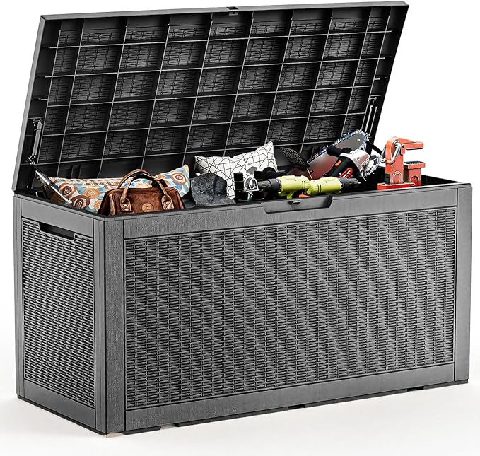 102 Gallon Outdoor Storage Box Waterproof, UV Resistant Resin Deck Box with Hydraulic Rod, Lockable Design and Enhanced Durability for Patio, Garden, and Poolside Use