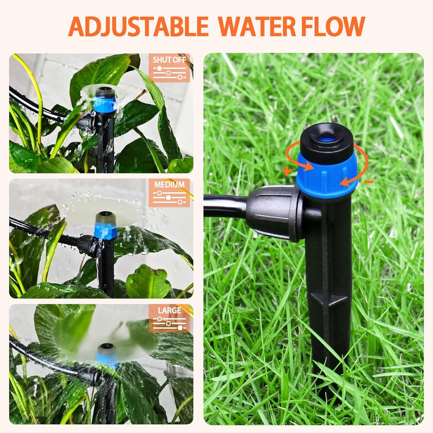 55 Pieces Drip Emitters Fan Shape with Stake for 1/4" Irrigation Tubing: Adjustable 360 Degree Water Flow Irrigation Universal Vortex Sprayer On 5" Stake Drip Pipe Sprinklers Fittings