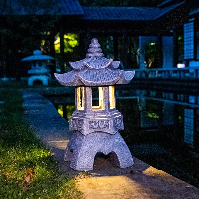 DIBIEECN Japanese Garden Decor Pagoda Garden Statue, Solar Patio Lights, Zen Landscape Lighting Garden Decor, Asian Outdoor Decor for Yard Backyard, Gifts for Women Mom