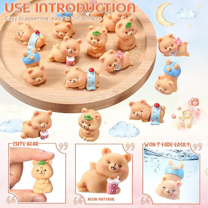 15 Pieces Cute Bear Miniature Figurines Bear Baby Shower Decoration Resin Cake Cupcake Toppers Garden Miniature Moss Landscape DIY Crafts for Home Party Garden Plant Pots Decor