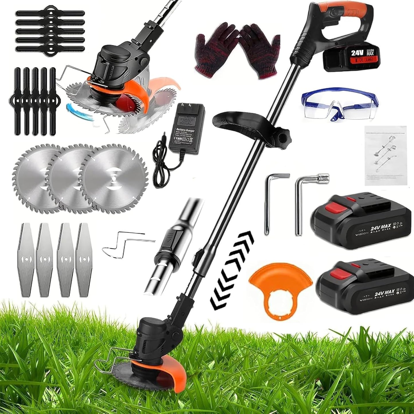 Electric Weed Wacker,Weed Eater on Battery Operated,Comes with Two 24V Batteries and Three Different Types of Blades,3 in 1 Trimmer Lawn/Cordless Trimmer for Lawn Yard Garden (Black)