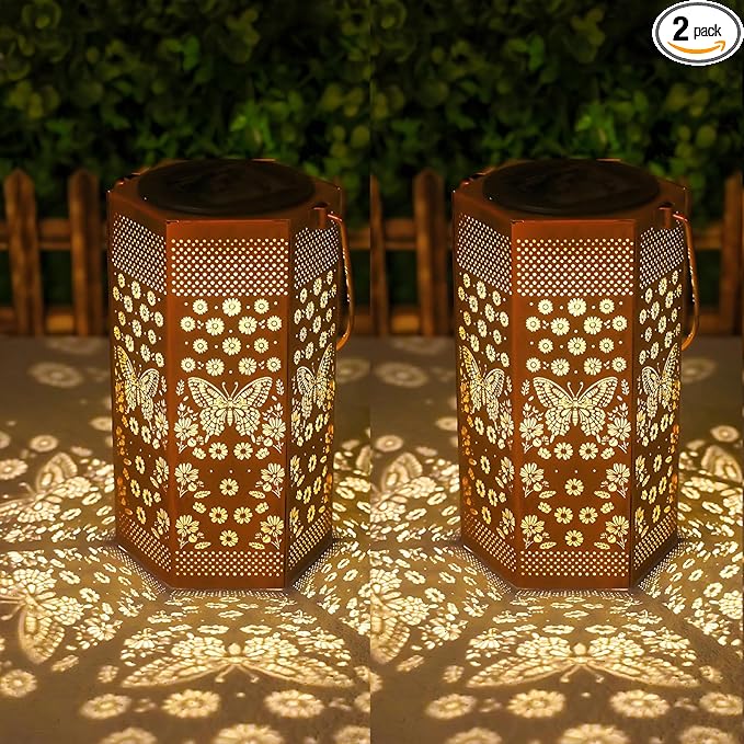2 Pack Butterfly Solar Lanterns Garden Decor - Birthday Gifts for Women Mom Grandma, Butterflies Solar Lantern Outdoor Waterproof Hanging Solar Lights Outside for Yard, Patio, Lawn, Yard