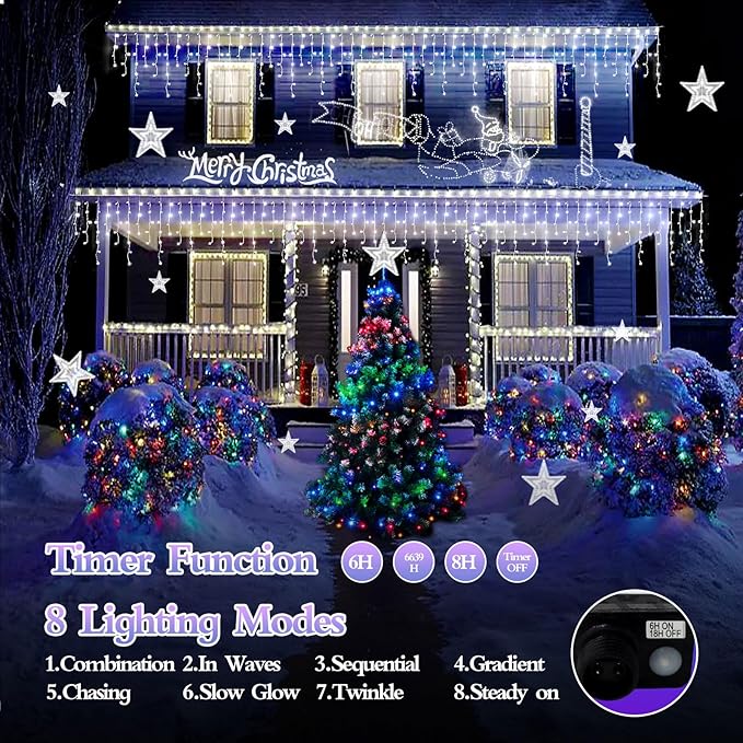 480 LED 49FT Christmas Lights Plug in 8 Modes with Timer Dimmable Christmas Decorations Outdoor Waterproof Indoor Curtain String Lights for Roof Porch Garden Holiday Wedding Party Decor Cool White