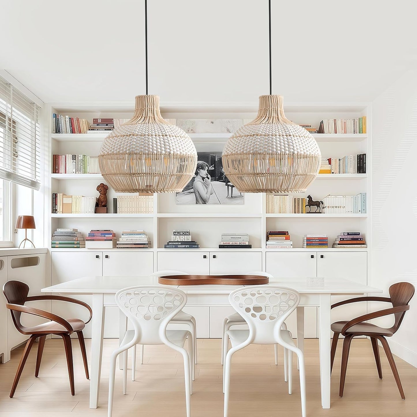 15" Rattan Pendant Light Fixture,3-Light Hand-Woven White Wicker Basket Chandelier Boho Faux Rattan Hanging Lamp,for Dining Living Bedroom Kitchen 1-Pack