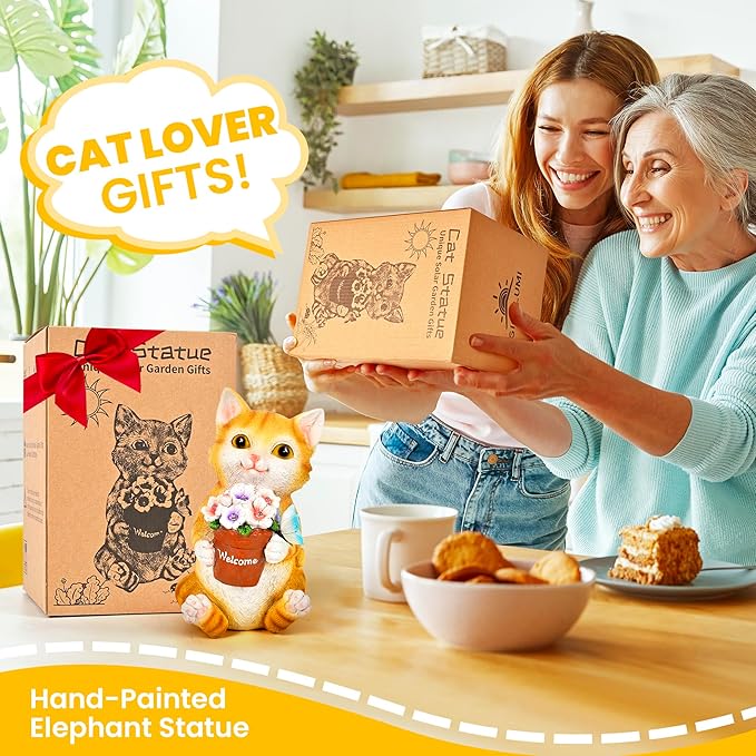 GIGALUMI Solar Garden Decor Flower Pot Cat Statues Outdoor, Birthday Gifts for Women, Gifts for Mom Grandma Senior Elder, Elephant Ornament for Balcony, Garden, Patio, Yard, Lawn