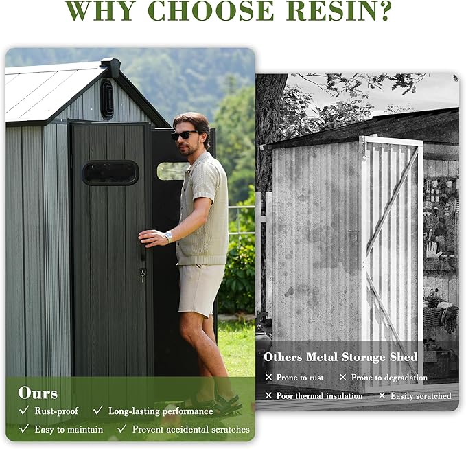 Domi 8x6FT Outdoor Resin Storage Shed with Transparent Windows & Louvered Vents, Plastic Tool Shed with Double Lockable Doors & Gable Roof, Outside Garden Shed for Backyard, Patio, Lawn, Grey