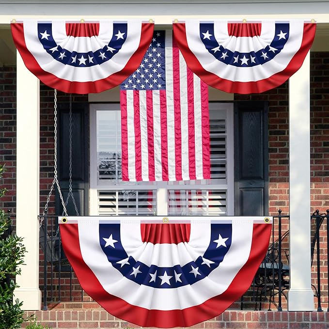 3x6 Ft 3 Pack American Pleated Fan Flag, Patriotic Half Fan Banner American Flag Decoration Bunting for Outside Red White and Blue Decor Independence Day Memorial Day 4th of july Decorations