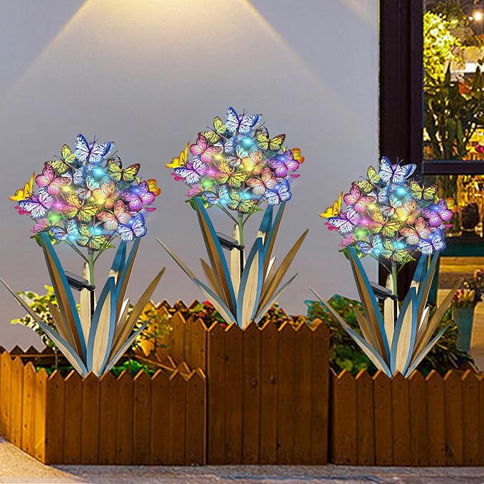 Homight Solar Metal Agave Butterfly Flower Stick Garden Sculpture - Outdoor Gift, Christmas Lights - Swaying Butterfly Garden Lights (2 PCS Blue)